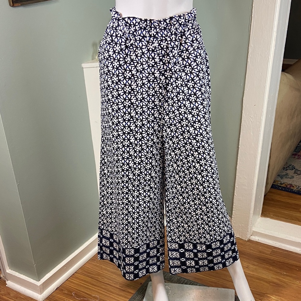 Kourt Cropped Navy blue White Floral Wide Leg Pants Geometric XL XLarge Crop - Picture 2 of 9